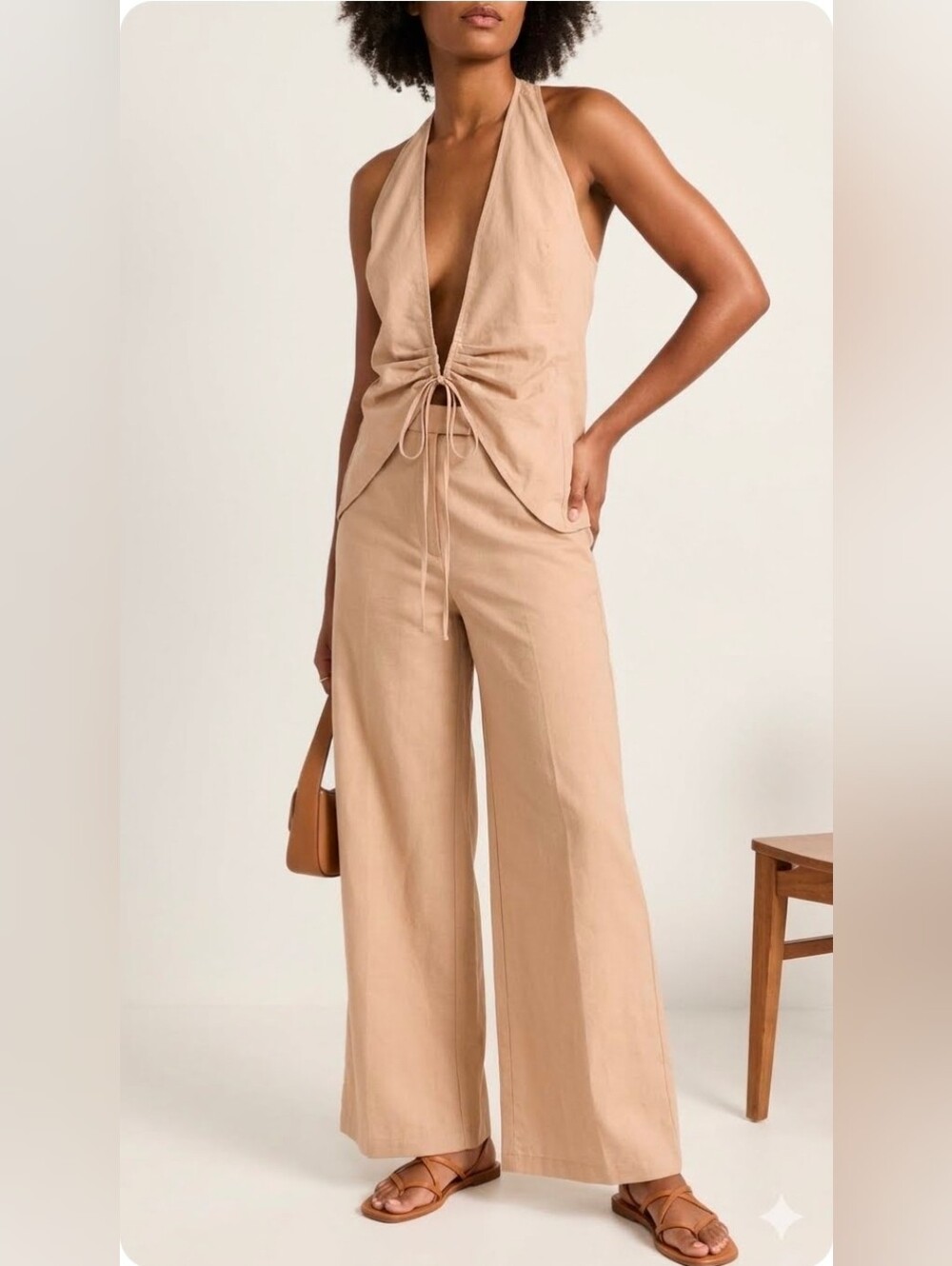 NWT OGL Lyocell Linen Blend Halter Vest & Wide Leg Pant Matching Set Size XL